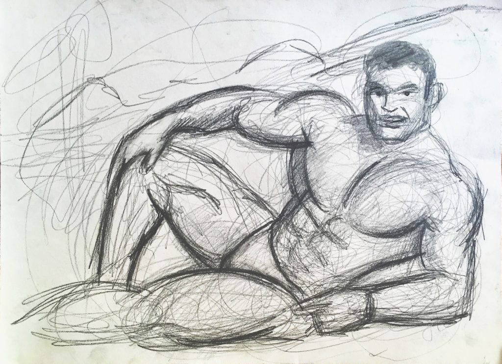 Drawing of a semi nude very male man by Murat Önen, Leipzig 2018